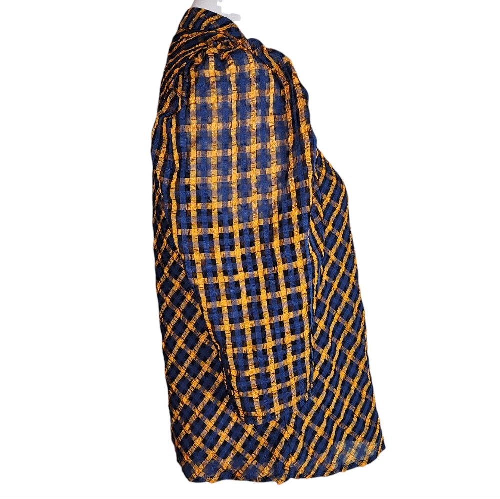 Eva Franco Anthropologie Textured Blue Yellow Plaid Blouse Size 2 Puff Sleeves - Picture 5 of 16